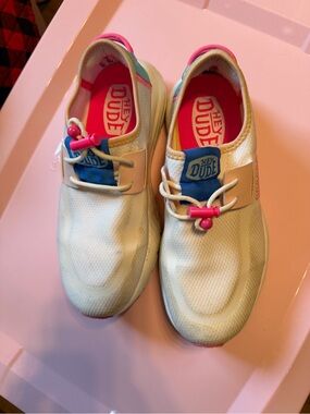Hey Dude women’s size 6 white  Sneakers with Pink & Blue Accents